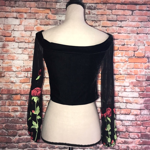 Velvet Off Shoulder Sheer Sleeve Crop Top - Picture 3 of 8